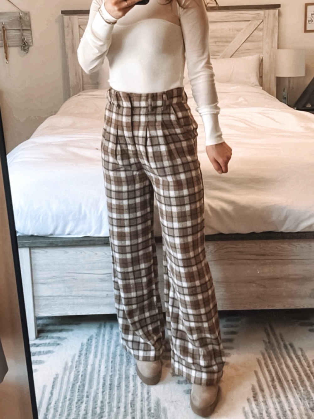 Bohme Brown and Cream Plaid High-Waist Wide-Leg Trousers